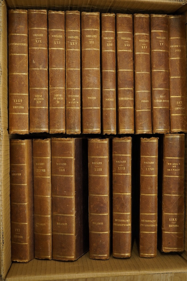 Beuchot, Oeuvres de Voltaire, notes by M. Beuchot, 69 vols, 8vo, calf, Paris, 1834. Condition - pages foxed and binding worn